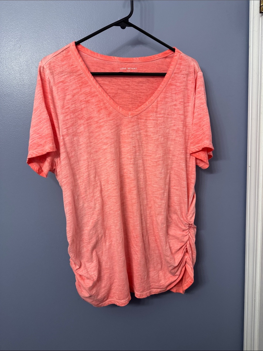 Lane Bryant Coral Pink V-Neck Short Sleeve Tee with Side Ruching